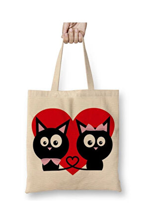 Kedicikler Kalp Cats Kedi Bez Çanta Uzun Saplı Alışveriş Çantası Plaj Çantası