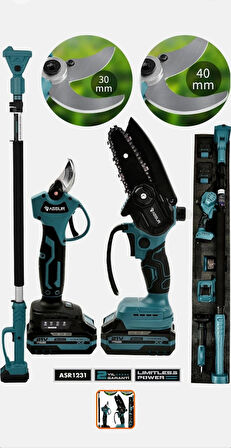 Profesyonel 3'lü Set 21V Çift Akülü Teleskopik Kollu Bağ Makası - Budama Makinesi