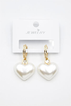 İnci Kalp Küpe - Altın