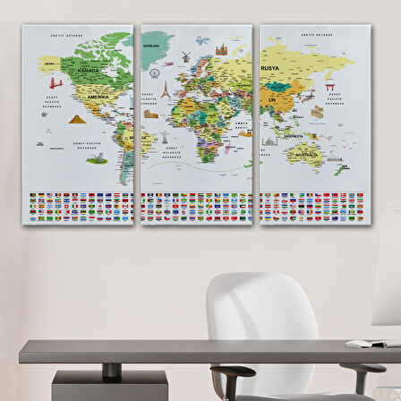 Harita Sepeti Türkçe Dünya Haritası Ayrıntılı Eğitici Sembollü Bayraklı Dekoratif Kanvas Tablo 2848