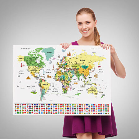 Harita Sepeti Türkçe Dünya Haritası Ayrıntılı Eğitici Sembollü Bayraklı Dekoratif Kanvas Tablo 2848