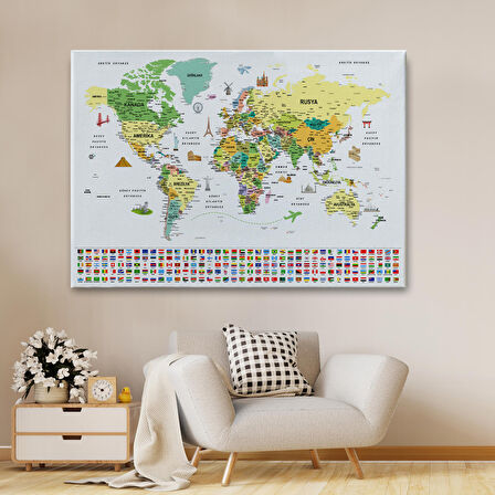 Harita Sepeti Türkçe Dünya Haritası Ayrıntılı Eğitici Sembollü Bayraklı Dekoratif Kanvas Tablo 2848