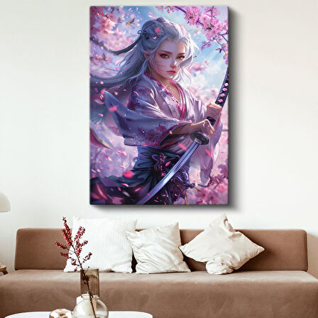 Kiraz Çiçekleri - Beyaz Saçlı Samuray Anime Kanvas Tablo