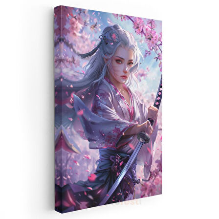 Kiraz Çiçekleri - Beyaz Saçlı Samuray Anime Kanvas Tablo