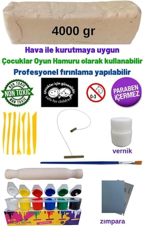 Seramik Hamuru 4000 Gr, 7li Plastik Ebeşuar (MODELAJ SETİ), Kesme Teli-ipi, Guaj, Doğal Kil Çamuru