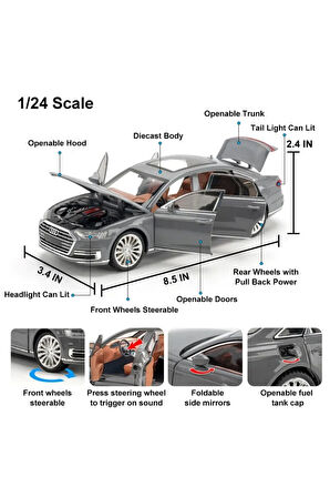 Audi A8 Araba Audi A8 Long Quattro 1:24 Diecast Metal Model Araba Koleksiyon Araba Sesli Işıklı