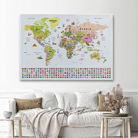 Harita Sepeti Dünya Haritası Ayrıntılı Eğitici Sembollü Bayraklı Dekoratif Kanvas Tablo 2849