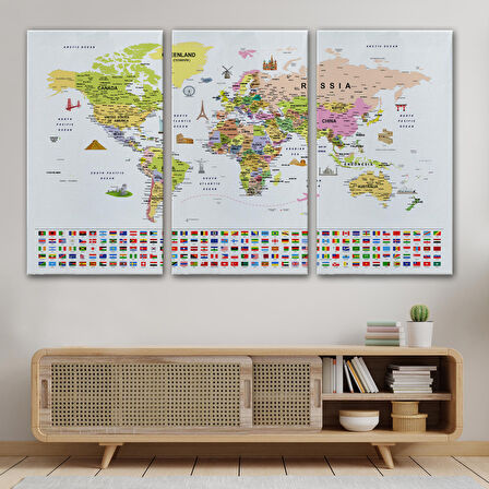 Harita Sepeti Dünya Haritası Ayrıntılı Eğitici Sembollü Bayraklı Dekoratif Kanvas Tablo 2849