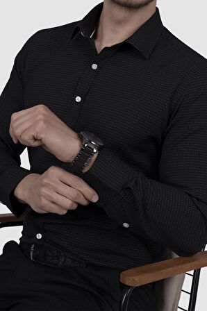 Beyaz Nokta Desenli Siyah Slimfit Gömlek