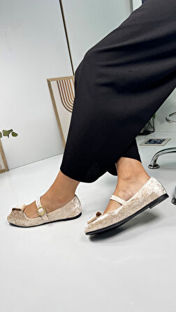  Günlük Kadın Kadife Taşlı Balerin Babet Tek Bantlı Tokalı Oval Burun Tırtıklı Taban Ayakkabı 285