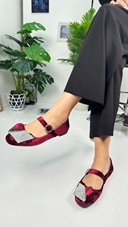  Günlük Kadın Kadife Taşlı Balerin Babet Tek Bantlı Tokalı Oval Burun Tırtıklı Taban Ayakkabı 285