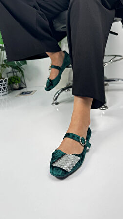  Günlük Kadın Kadife Taşlı Balerin Babet Tek Bantlı Tokalı Oval Burun Tırtıklı Taban Ayakkabı 285