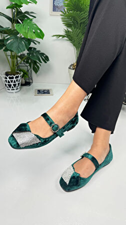  Günlük Kadın Kadife Taşlı Balerin Babet Tek Bantlı Tokalı Oval Burun Tırtıklı Taban Ayakkabı 285