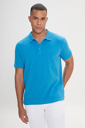 Erkek Turkuaz %100 Pamuk Kıvrılmaz Yaka Slim Fit Dar Kesim Polo Yaka Kısa Kollu Tişört