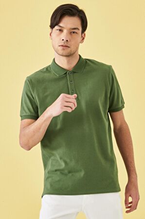 Erkek Haki %100 Pamuk Kıvrılmaz Yaka Slim Fit Dar Kesim Polo Yaka Kısa Kollu Tişört