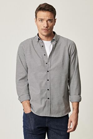 Erkek Beyaz-siyah Tailored Slim Fit Dar Kesim Düğmeli Yaka Kareli Gömlek