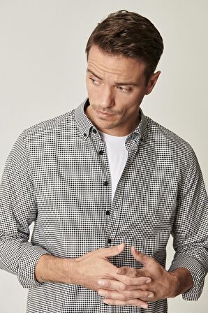 Erkek Beyaz-siyah Tailored Slim Fit Dar Kesim Düğmeli Yaka Kareli Gömlek