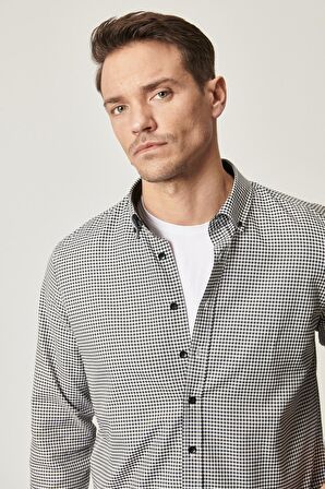 Erkek Beyaz-siyah Tailored Slim Fit Dar Kesim Düğmeli Yaka Kareli Gömlek
