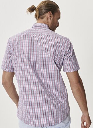 Erkek Beyaz-bordo Comfort Fit Rahat Kesim Düğmeli Yaka Kısa Kollu Yazlık Gömlek