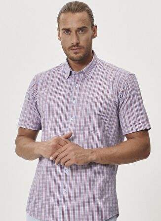 Erkek Beyaz-bordo Comfort Fit Rahat Kesim Düğmeli Yaka Kısa Kollu Yazlık Gömlek