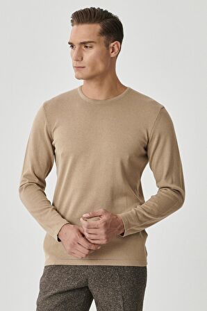Erkek Bej Standart Fit Normal Kesim Bisiklet Yaka Desensiz Basic Triko Kazak