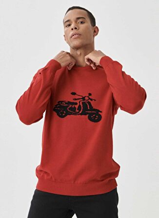 Erkek Kırmızı-siyah Standart Fit Bisiklet Yaka Desenli %100 Pamuk Triko Kazak