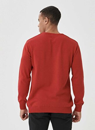 Erkek Kırmızı-siyah Standart Fit Bisiklet Yaka Desenli %100 Pamuk Triko Kazak