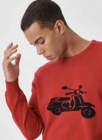 Erkek Kırmızı-siyah Standart Fit Bisiklet Yaka Desenli %100 Pamuk Triko Kazak