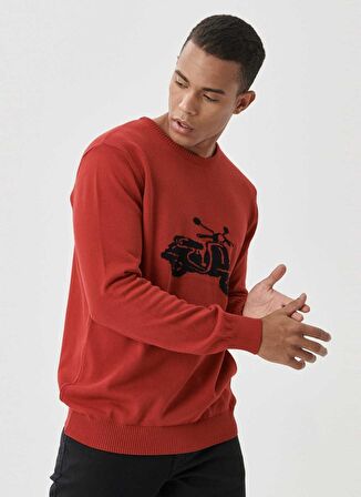 Erkek Kırmızı-siyah Standart Fit Bisiklet Yaka Desenli %100 Pamuk Triko Kazak