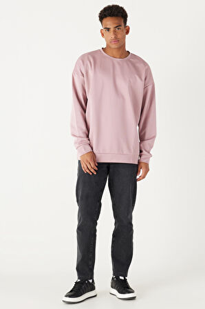 Erkek Gül Kurusu Oversize Bol Kesim Bisiklet Yaka Düz Sweatshirt