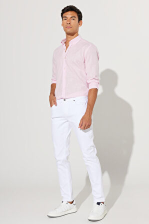 Erkek Pembe Tailored Slim Fit Dar Kesim Oxford Düğmeli Yaka Keten Görünümlü %100 Pamuk Flamlı Gömlek