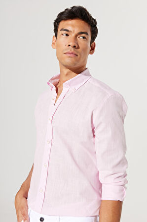Erkek Pembe Tailored Slim Fit Dar Kesim Oxford Düğmeli Yaka Keten Görünümlü %100 Pamuk Flamlı Gömlek