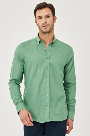 Erkek Haki Tailored Slim Fit Dar Kesim Oxford Düğmeli Yaka Keten Görünümlü %100 Pamuk Flamlı Gömlek