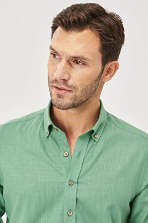 Erkek Haki Tailored Slim Fit Dar Kesim Oxford Düğmeli Yaka Keten Görünümlü %100 Pamuk Flamlı Gömlek