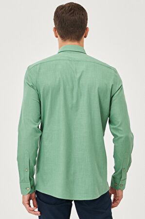 Erkek Haki Tailored Slim Fit Dar Kesim Oxford Düğmeli Yaka Keten Görünümlü %100 Pamuk Flamlı Gömlek