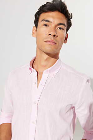 Erkek Pembe Tailored Slim Fit Dar Kesim Oxford Düğmeli Yaka Keten Görünümlü %100 Pamuk Flamlı Gömlek
