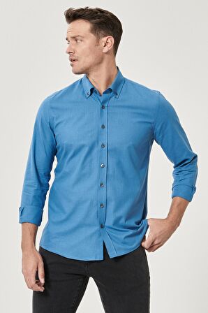 Erkek Petrol Tailored Slim Fit Oxford Düğmeli Yaka Keten Görünümlü %100 Pamuk Flamlı Gömlek