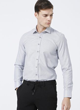 Erkek Beyaz-siyah Slim Fit Dar Kesim Klasik Yaka Armürlü Beyaz-siyah Gömlek