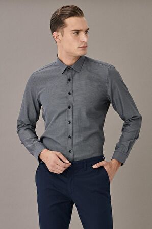 Erkek Gri Slim Fit Dar Kesim Klasik Yaka Armürlü Gömlek