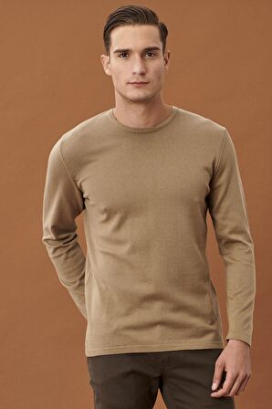 Erkek Vizon Standart Fit Normal Kesim Bisiklet Yaka Desensiz Basic Triko Kazak