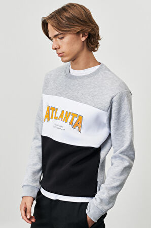 Erkek G.melanj-beyaz-sıyah Standart Fit Normal Kesim Bisiklet Yaka Içi Polarlı Baskılı Sweatshirt