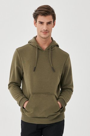 Erkek Haki Standart Fit Normal Kesim Kapüşonlu Sweatshirt