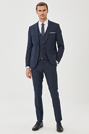 Erkek Lacivert-mavi Ekstra Slim Fit Dar Kesim Desenli Casual Yelekli Takım Elbise