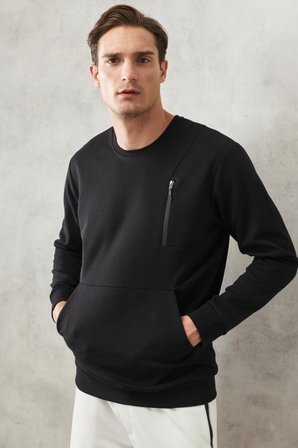 Erkek Siyah Standart Fit Bisiklet Yaka Fermuar Detaylı Cepli Sweatshirt