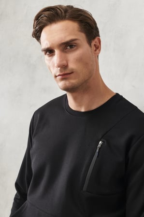 Erkek Siyah Standart Fit Bisiklet Yaka Fermuar Detaylı Cepli Sweatshirt