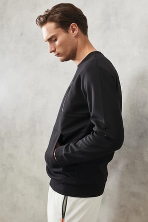 Erkek Siyah Standart Fit Bisiklet Yaka Fermuar Detaylı Cepli Sweatshirt