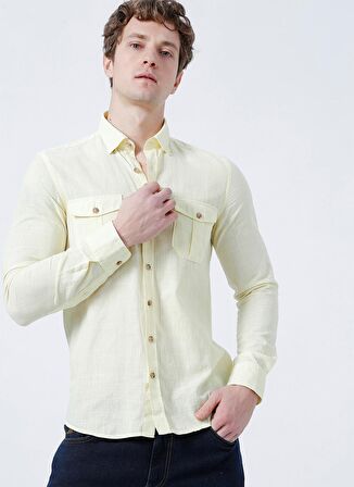 Erkek Sarı Slim Fit Dar Kesim Düğmeli Yaka %100 Pamuk Flamlı Gömlek