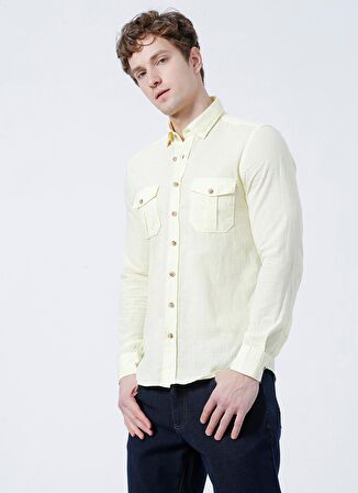 Erkek Sarı Slim Fit Dar Kesim Düğmeli Yaka %100 Pamuk Flamlı Gömlek