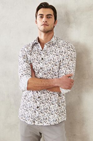 Erkek Beyaz-bordo Slim Fit Dar Kesim Italyan Yaka %100 Pamuk Baskılı Gömlek