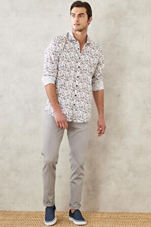 Erkek Beyaz-bordo Slim Fit Dar Kesim Italyan Yaka %100 Pamuk Baskılı Gömlek